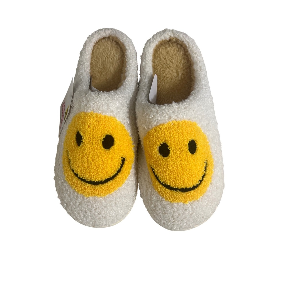Womens Smiley Face Slippers White Yellow Plush‎ Faux Fur House Shoes Large 9-10